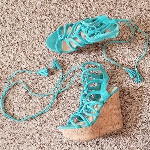 Faux suede aqua lace up gladiator wedges